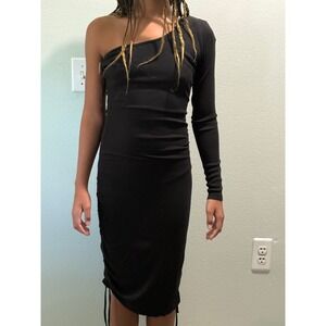 Lyn Burches Black One Shoulder Long Sleeve Ruched Midi Dress Womens Size S